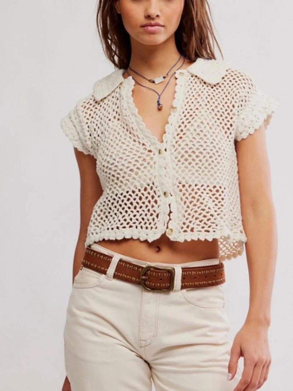 Free People Cream Crochet Button-Front Short Sleeve Top